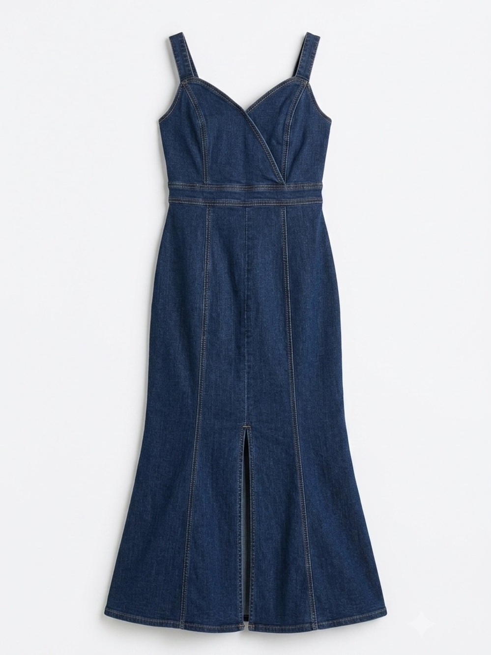 Denim Midi Dress with Front Slit - Blue